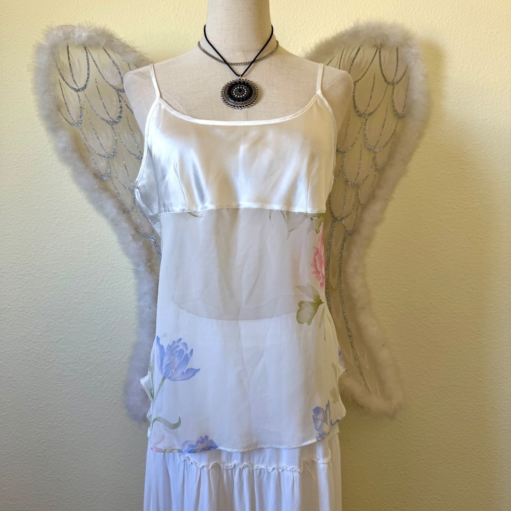 White Floral Satin Sheer Chiffon Cami Tank Top Babydoll Feminine Girly Grunge